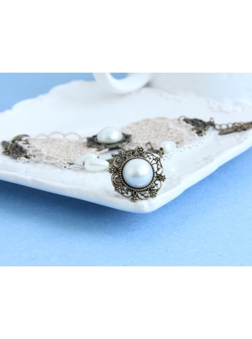 Fashion Retro Prom Party Performance White Lace Pearl Mask Female Band Ring Bracelet