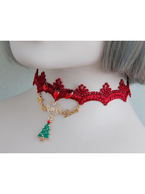 Fashion Personality Christmas Small Tree Letter Love Heart Red Lace Jewel Party Necklace