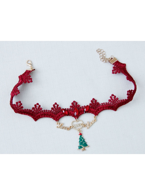 Fashion Personality Christmas Small Tree Letter Love Heart Red Lace Jewel Party Necklace