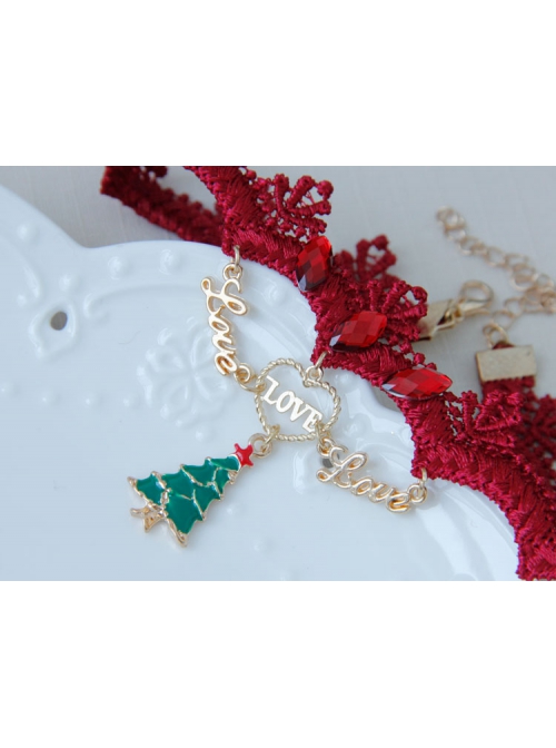 Fashion Personality Christmas Small Tree Letter Love Heart Red Lace Jewel Party Necklace