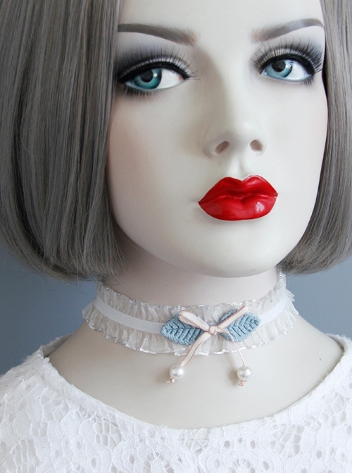 Fashion Cute Lolita White Ribbon Pearl Pink Bow Lace Girly Elastic Choker