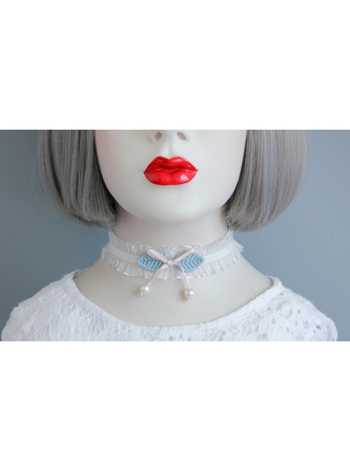 Fashion Cute Lolita White Ribbon Pearl Pink Bow Lace Girly Elastic Choker