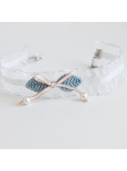 Fashion Cute Lolita White Ribbon Pearl Pink Bow Lace Girly Elastic Choker