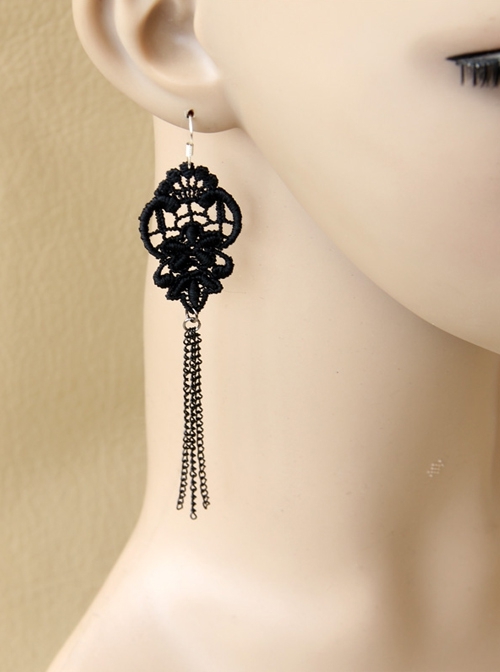 Gothic Fashion Retro Personality Black Lace Tassel Long Earrings