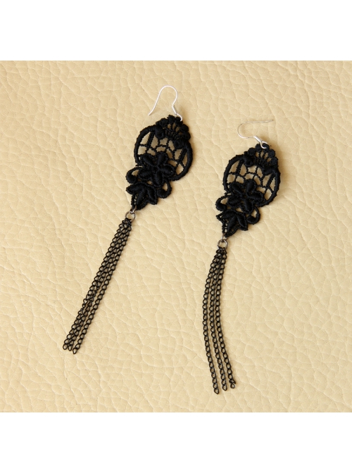 Gothic Fashion Retro Personality Black Lace Tassel Long Earrings