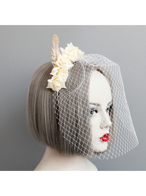 Palace Fashion Retro White Flower Veil Golden Feather Popular Headband