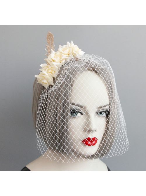 Palace Fashion Retro White Flower Veil Golden Feather Popular Headband