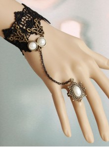 Retro Court Fashion Gothic Black Lace White Pearl With Ring Bracelet