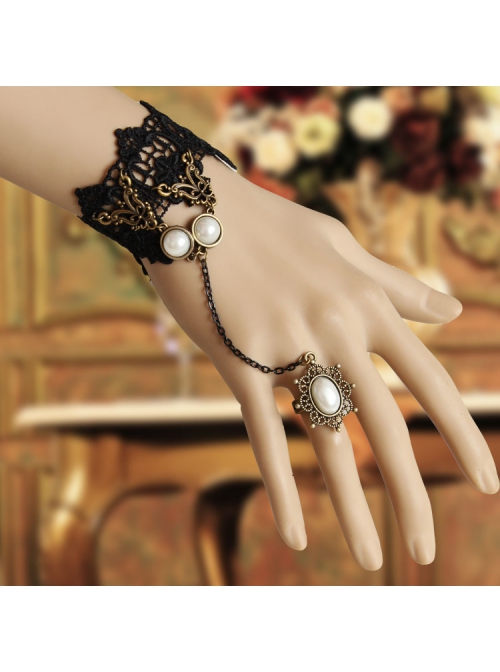Retro Court Fashion Gothic Black Lace White Pearl With Ring Bracelet