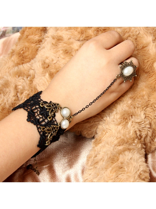 Retro Court Fashion Gothic Black Lace White Pearl With Ring Bracelet