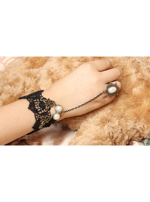 Retro Court Fashion Gothic Black Lace White Pearl With Ring Bracelet