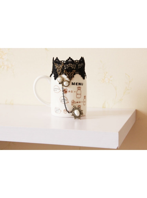 Retro Court Fashion Gothic Black Lace White Pearl With Ring Bracelet