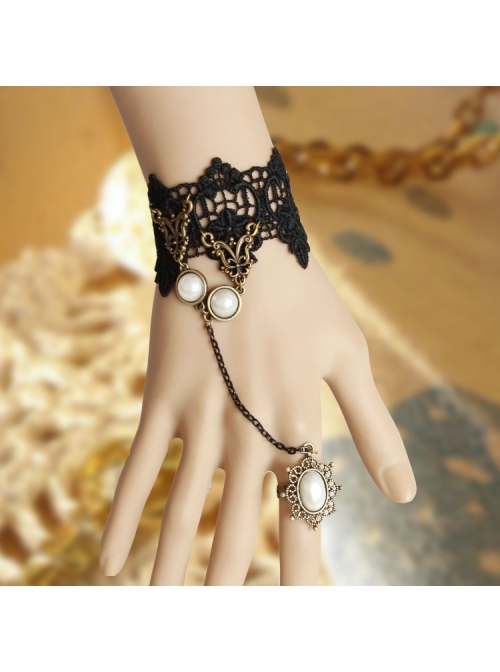 Retro Court Fashion Gothic Black Lace White Pearl With Ring Bracelet