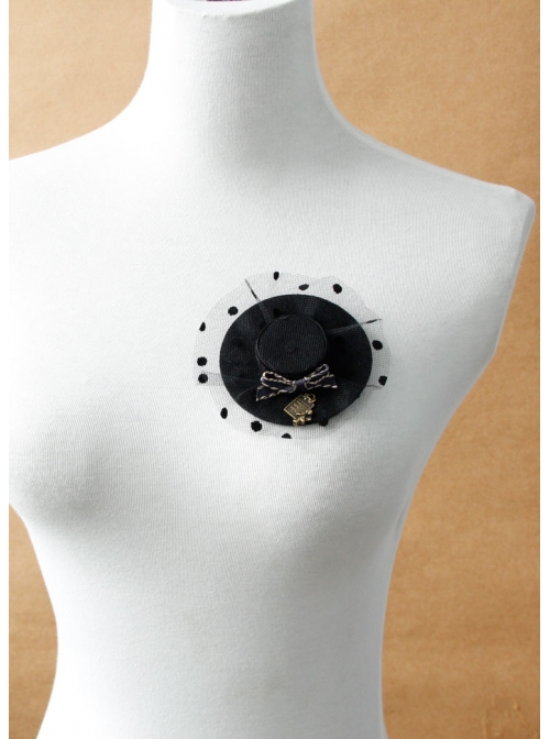 Fashion Creative Handmade Black Net Yarn Polka Dot Bowknot Fabric Top Hat Brooch