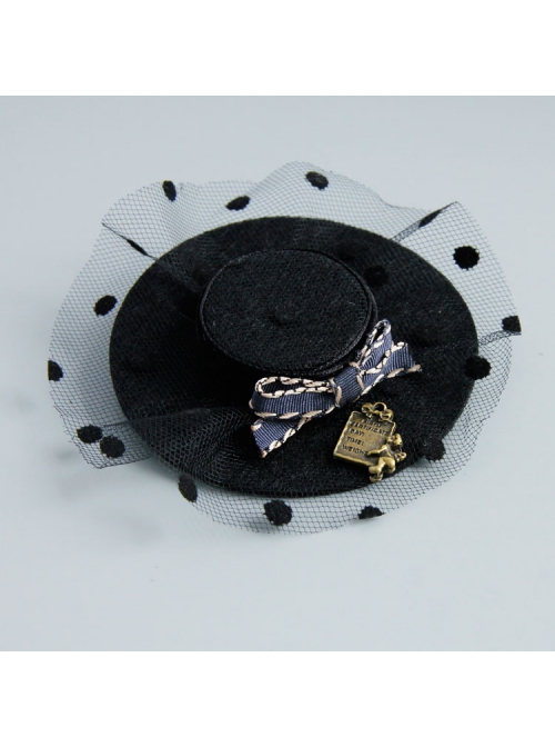 Fashion Creative Handmade Black Net Yarn Polka Dot Bowknot Fabric Top Hat Brooch