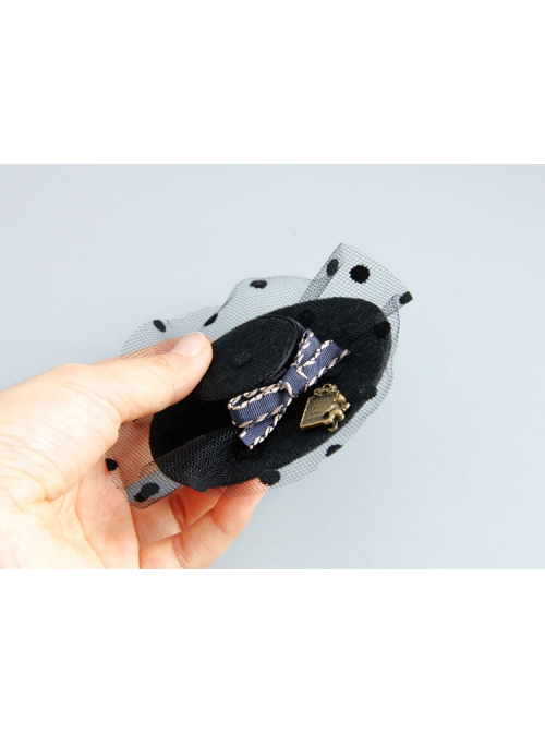 Fashion Creative Handmade Black Net Yarn Polka Dot Bowknot Fabric Top Hat Brooch