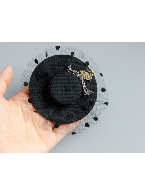 Fashion Creative Handmade Black Net Yarn Polka Dot Bowknot Fabric Top Hat Brooch