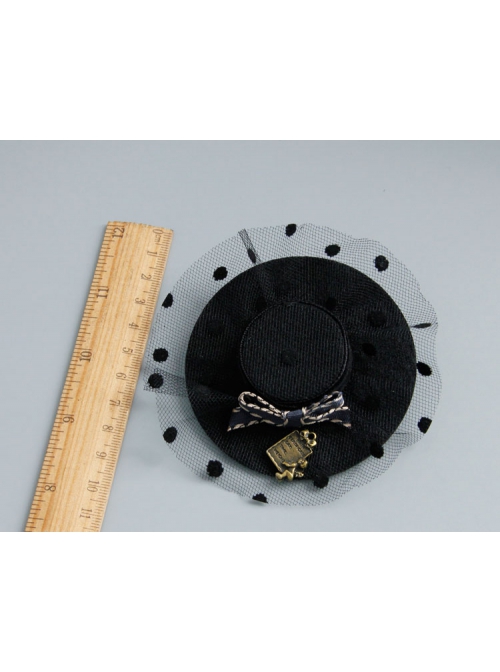 Fashion Creative Handmade Black Net Yarn Polka Dot Bowknot Fabric Top Hat Brooch