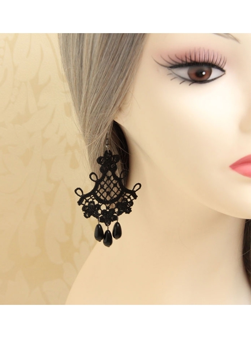 Fashion Gothic Black Lace Pearl Retro Tassel Exaggerated Female Long Earrings