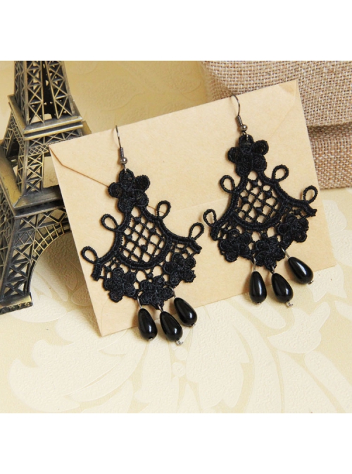 Fashion Gothic Black Lace Pearl Retro Tassel Exaggerated Female Long Earrings