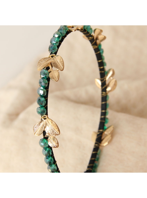 Fashion Elegant Personality Lady Golden Leaves Green Rhinestone Crystal Headband