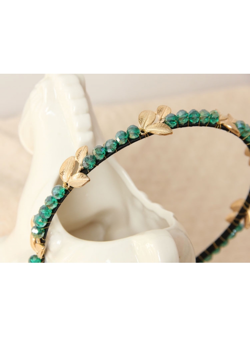 Fashion Elegant Personality Lady Golden Leaves Green Rhinestone Crystal Headband