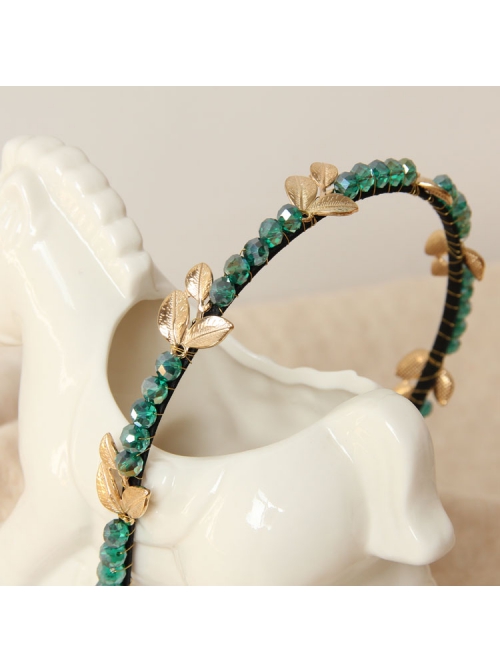 Fashion Elegant Personality Lady Golden Leaves Green Rhinestone Crystal Headband