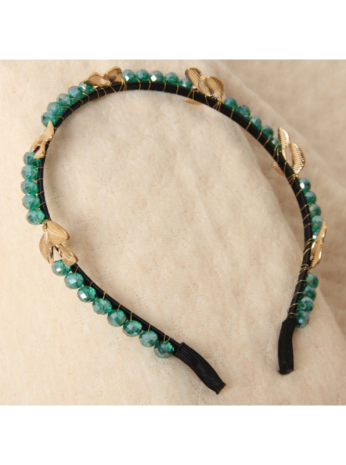 Fashion Elegant Personality Lady Golden Leaves Green Rhinestone Crystal Headband