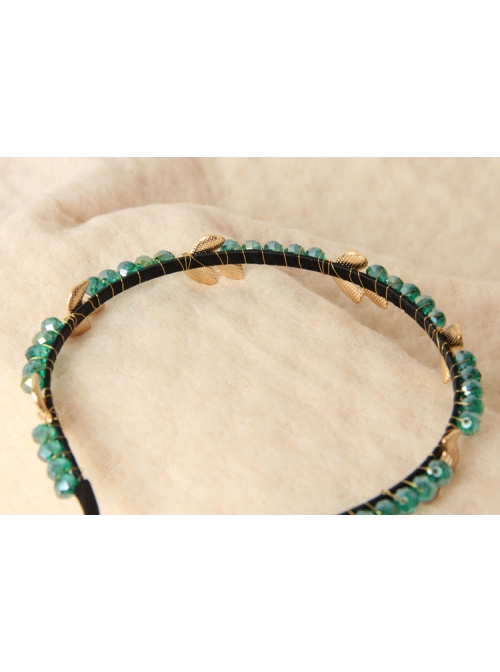 Fashion Elegant Personality Lady Golden Leaves Green Rhinestone Crystal Headband