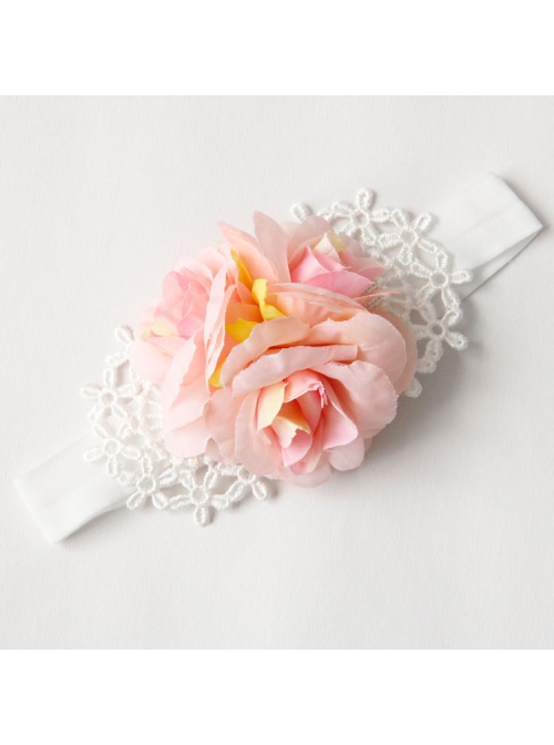 Fashion Cute White Lace Pink Flowers Baby Stretch Female Children Hairband