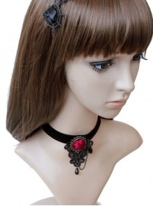 Retro Gothic Fashion Black Lace Pearl Burgundy Rose Female Short Necklace