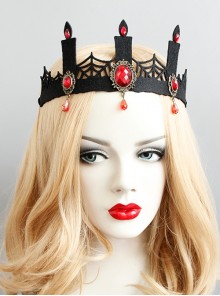 Fashion Retro Halloween Black Spider Web Candle Ruby Crown Gothic Queen Prom Party Hairband