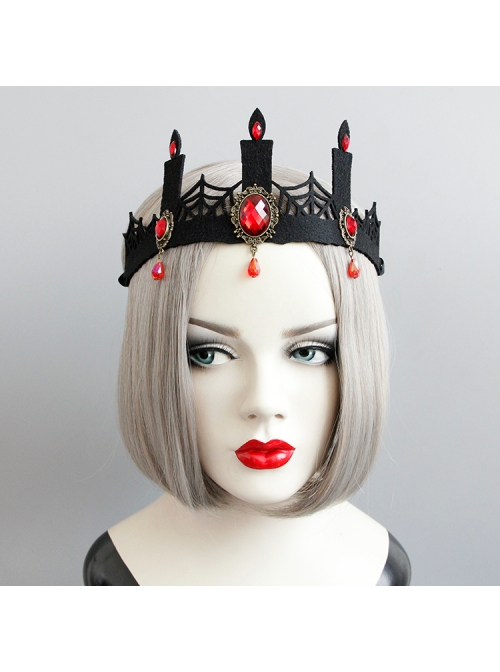 Fashion Retro Halloween Black Spider Web Candle Ruby Crown Gothic Queen Prom Party Hairband