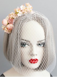 Fashion Baroque Personality Retro Bride Pink Flowers White Veil Christmas Headband