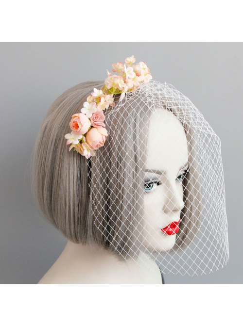 Fashion Baroque Personality Retro Bride Pink Flowers White Veil Christmas Headband