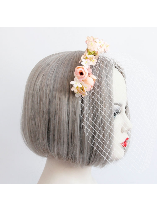 Fashion Baroque Personality Retro Bride Pink Flowers White Veil Christmas Headband