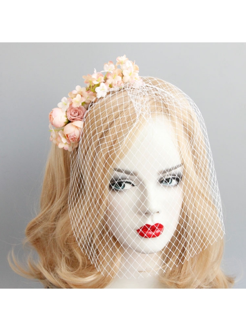 Fashion Baroque Personality Retro Bride Pink Flowers White Veil Christmas Headband