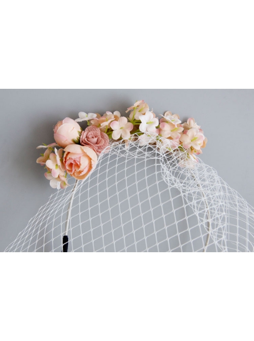 Fashion Baroque Personality Retro Bride Pink Flowers White Veil Christmas Headband