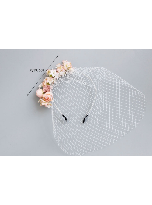 Fashion Baroque Personality Retro Bride Pink Flowers White Veil Christmas Headband