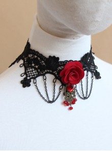 Gothic Retro Personality Vampire Red Rose Black Lace Chain Fashion Female Collar