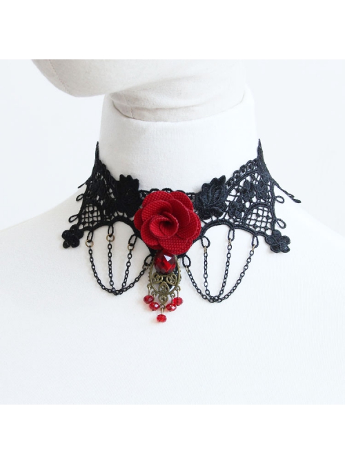 Gothic Retro Personality Vampire Red Rose Black Lace Chain Fashion Female Collar