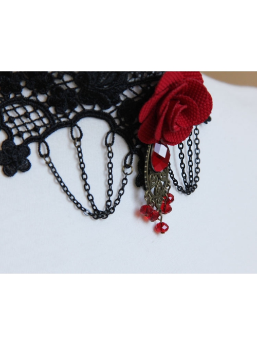 Gothic Retro Personality Vampire Red Rose Black Lace Chain Fashion Female Collar