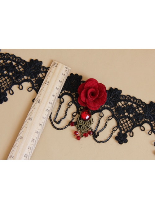 Gothic Retro Personality Vampire Red Rose Black Lace Chain Fashion Female Collar