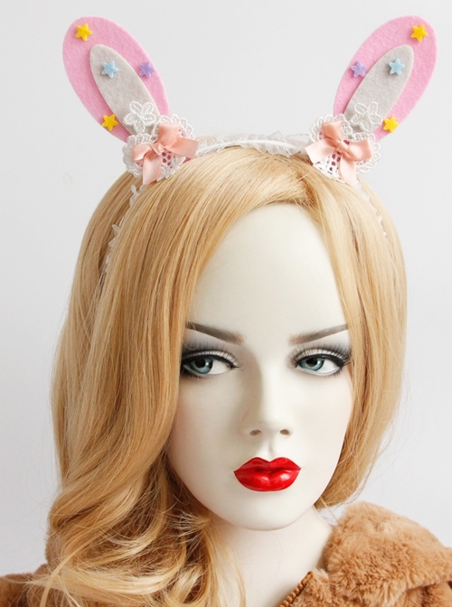 Cute Fashion Color Stars White Lace Girly Bow Pink Rabbit Ears Lolita Headband