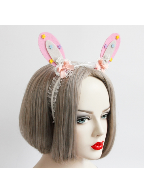 Cute Fashion Color Stars White Lace Girly Bow Pink Rabbit Ears Lolita Headband