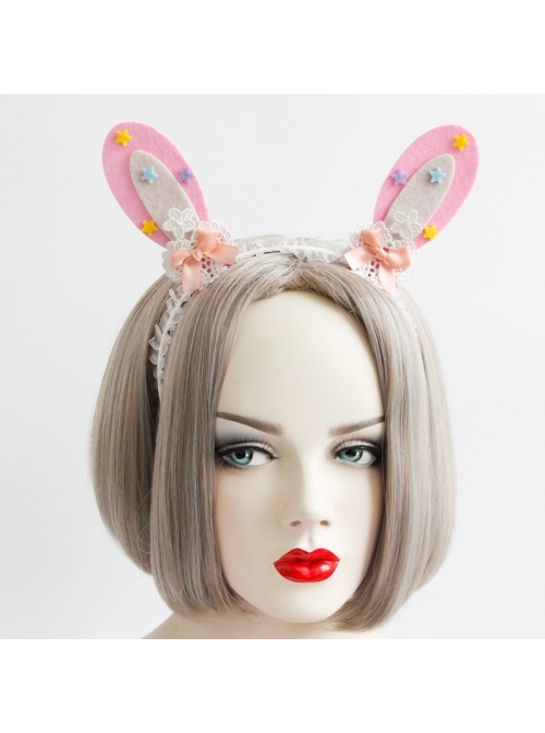 Cute Fashion Color Stars White Lace Girly Bow Pink Rabbit Ears Lolita Headband