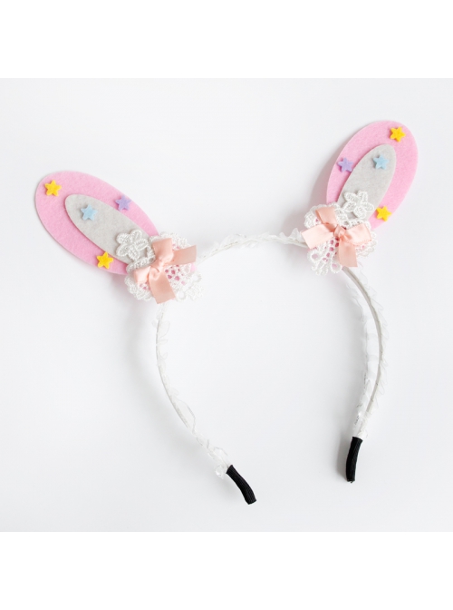Cute Fashion Color Stars White Lace Girly Bow Pink Rabbit Ears Lolita Headband