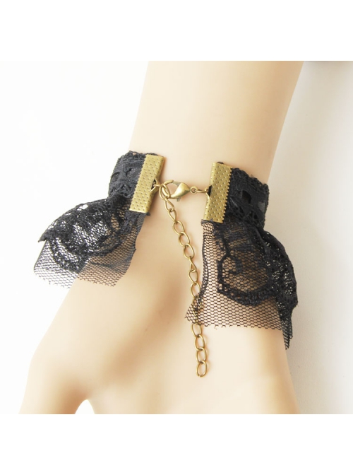 Retro Gothic Fashion Creative Black Lace Rose Gem Net Yarn Female Band Ring Bracelet