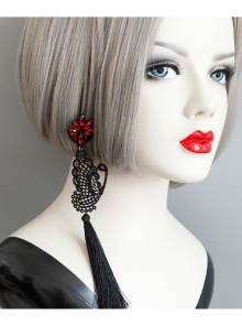 Creative Exaggerated Fashion Black Butterfly Tassel Ruby Halloween Party Long Earrings