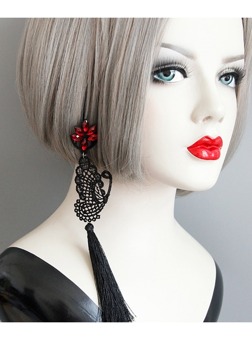 Creative Exaggerated Fashion Black Butterfly Tassel Ruby Halloween Party Long Earrings